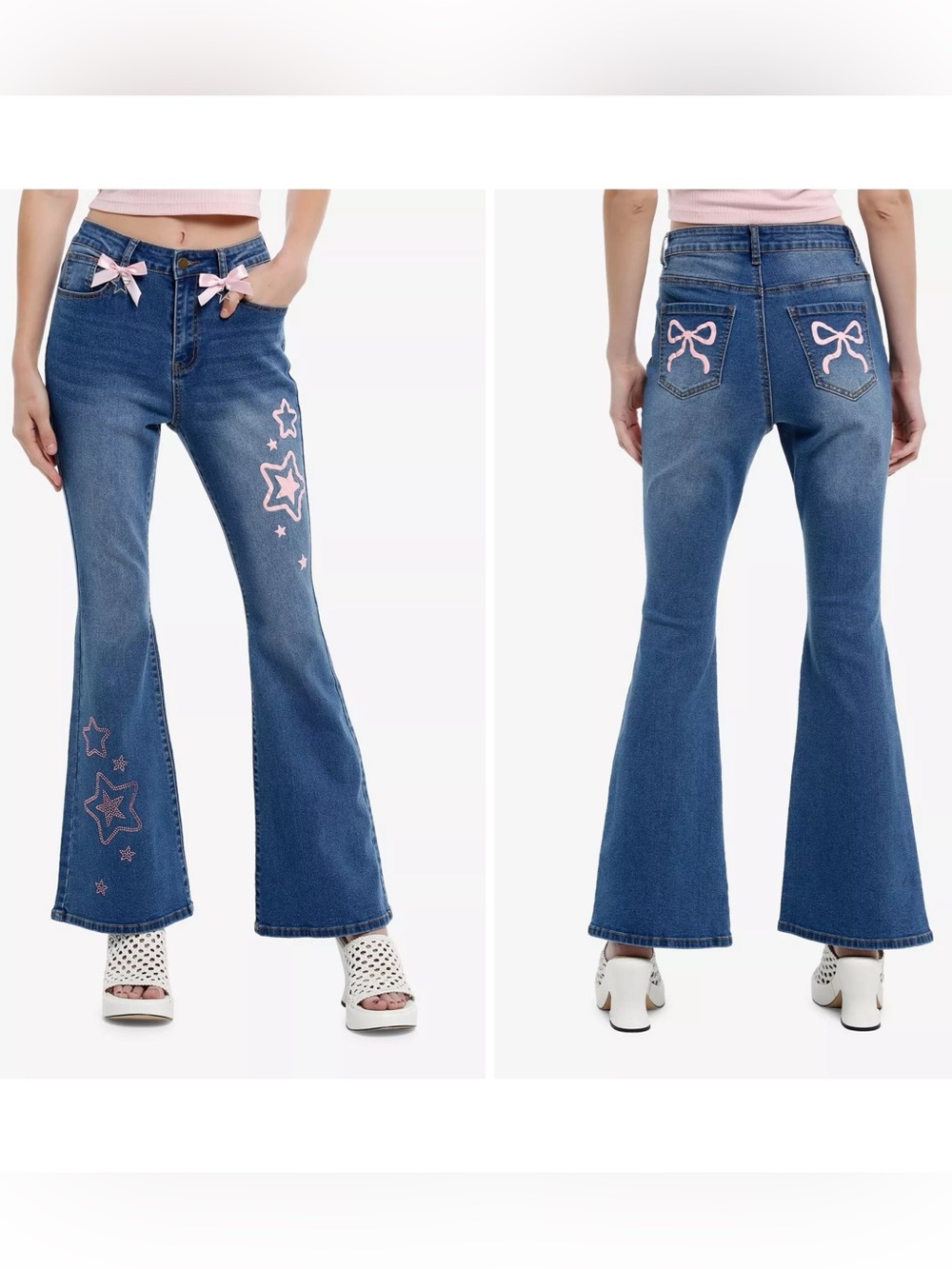 HOT TOPIC Indigo Pink Bows & Rhinestone Stars Flare Jeans Size 7 NEW